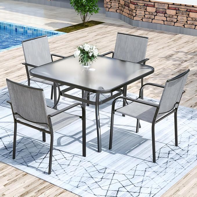 Anmutig 5-Piece Outdoor Patio Dining Set 37-Inch Square Glass Table with 4 Stackable Chairs for Lawn Backyard and Deck, Grey