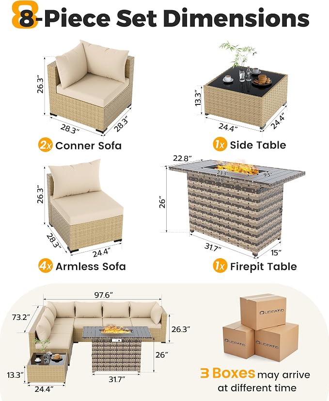 UDPATIO Patio Furniture Set with Fire Pit Table, 8 Piece Sectional Sofas All-Weather Wicker Conversation for Garden, Backyard, Beige