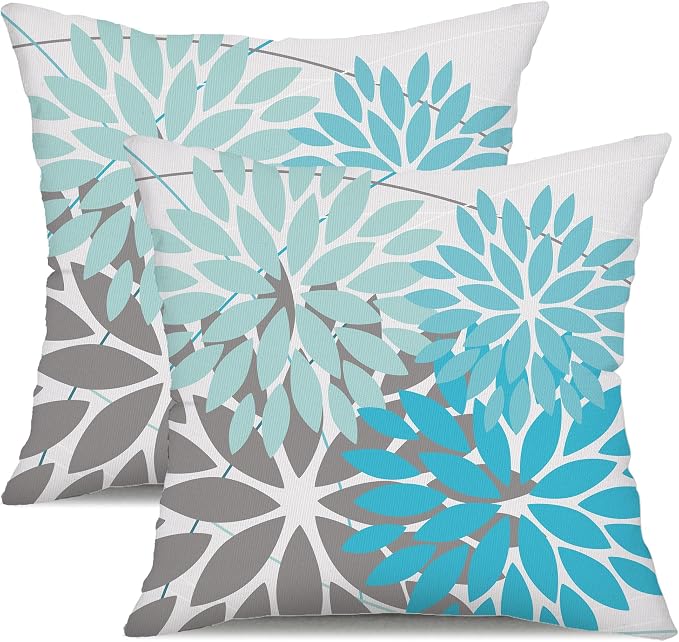 DFXSZ Pack of 2 Outdoor Waterproof Throw Pillow Covers 16x16 LightBlue Grey | Polyester Colorful Spring Summer Floral Decorative Cushion Cases(NO INSERT),For Couch Patio Funiture Garden Home Decor