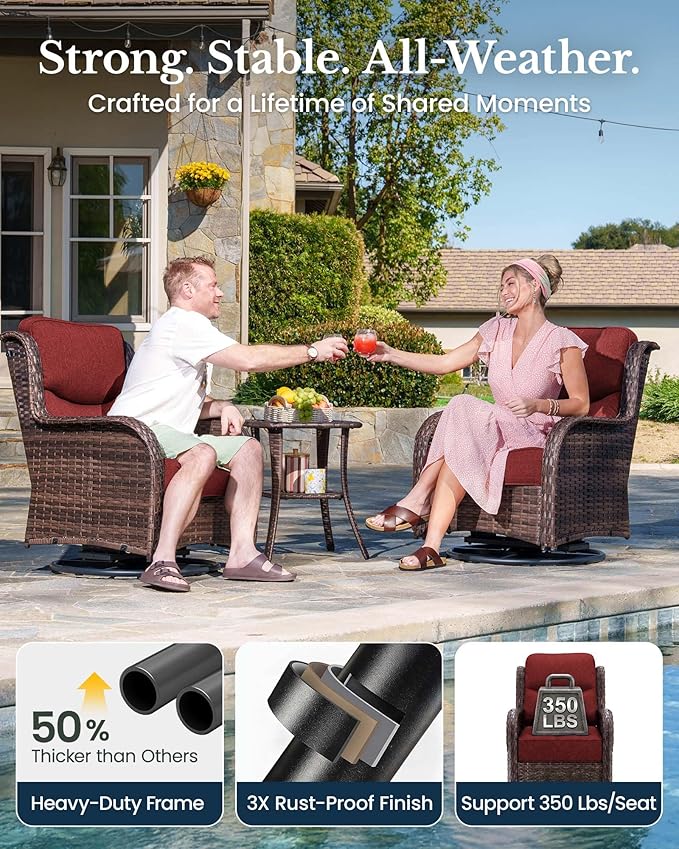 HILLGA 5-Piece Luxury Patio Furniture Set with 6" Thick Cushions, Weather-Resistant Wicker High Back Swivel Rocker Chairs, Senior-Friendly Conversation Set for Small Porch and Deck, Burgundy(V2)