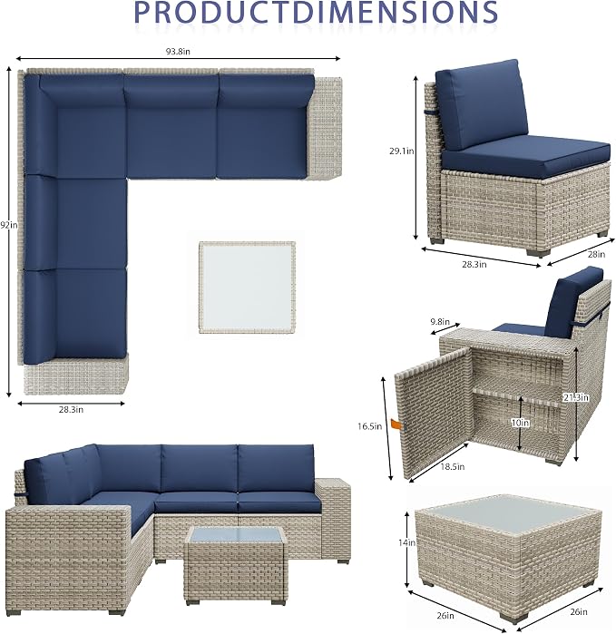 6 Piece Patio Furniture Set, 9.8" Wide Arm Sectional Sofa with Storage Armrests, All-Weather Rattan Outdoor Conversation Set for Garden, Porch, Lawn, Backyard, Balcony, Blue