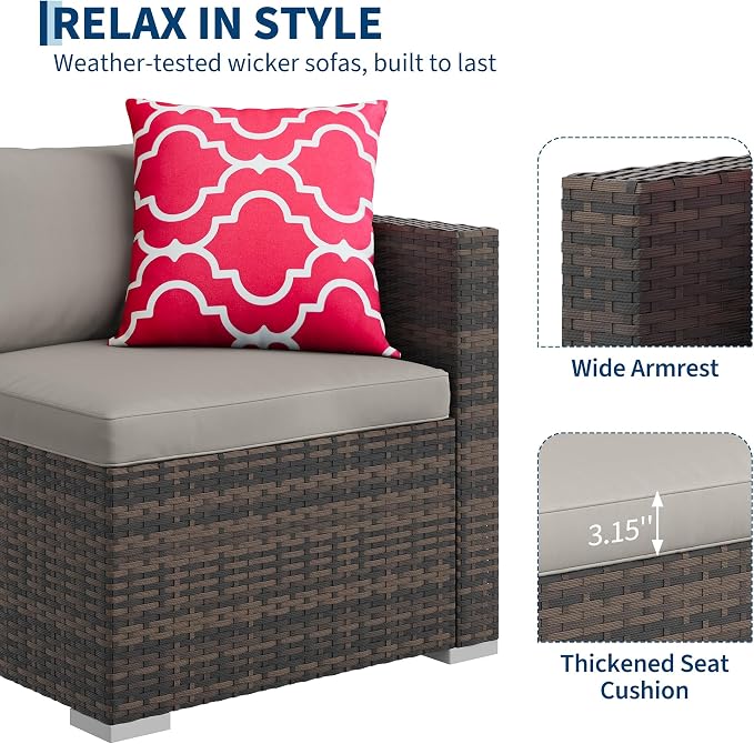 5-Piece Outdoor Sectional Sofa Set, All-Weather PE Rattan Patio Furniture with Ottoman & Tempered Glass Table, Convertible Garden Couch for Backyard, Porch, Poolside (Brown/Light Gray)