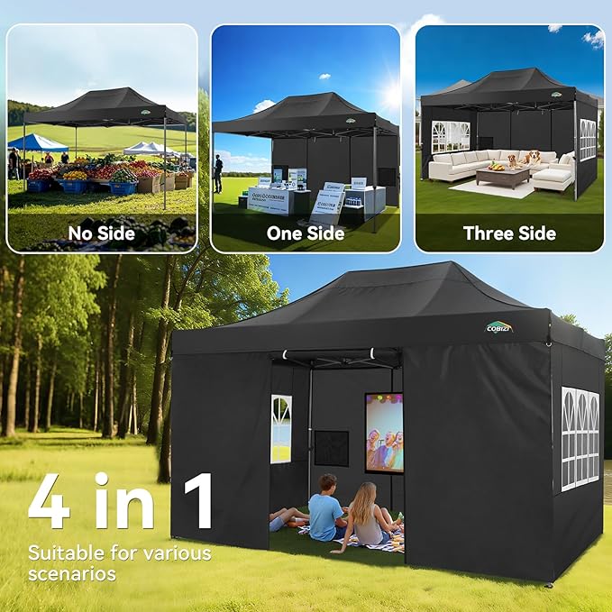 COBIZI 10x15 Pop up Canopy Tent Heavy Duty, Easy Set-up Commercial Outdoor Party Tent, 100% Waterproof Wedding Tents Gazebo, 3 Height Adjustable with Handbag, Black