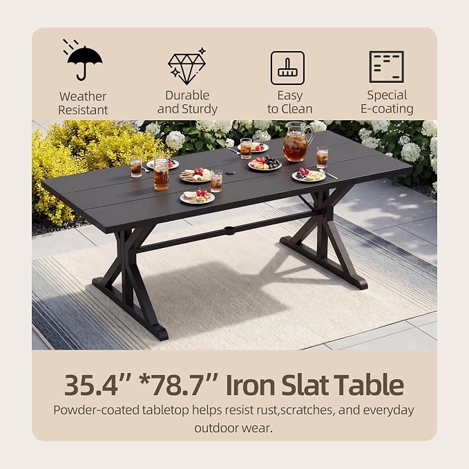 7 Pieces Patio Dining Set Outdoor Conversation Set,Metal Outdoor Furniture Set with Umbrella Hole Cut-Out 78.7" x 35.4" Table and 8 Metal Chairs for Backyard,Garden,Sand