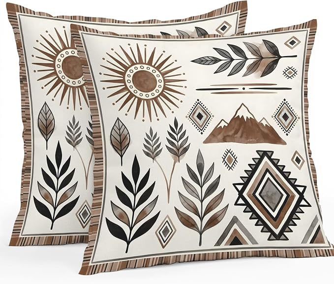 Bohemian Waterproof Outdoor Throw Pillow Covers 18''x18'' Pack 2, Mountain Peak Southwest Boho Brown Distressed Pillow Cases Throw Cushion Cover with Zipper, Washable Pillowcase for Poolside Sofa