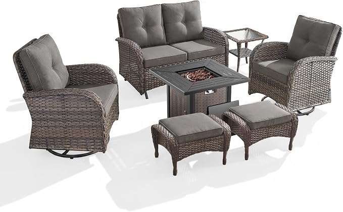 7 Piece Patio Furniture Set with Fire Pit Table - Wicker Patio Conversation Set with Swivel Glider, Glider Loveseat, Side Table and 2 Ottomans for Deck Backyard - Brown Wicker Grey Cushion