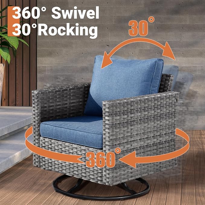 ovios 11 Piece Outdoor Patio Furniture Set with Fire Pit Table,Conversation Sectional Wicker Couch with Swivel Chairs,Modern Outside Sofa for Balcony Backyard, Navy Blue