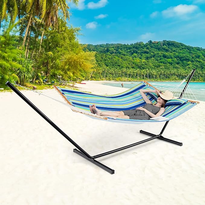 Giantex Hammock Swing Camping Hammock for Stand with Spreader Bar, Detachable Pillow, Hand Woven Cotton Ropes, Outdoor Hammocks for Patio, Backyard, Poolside(Hammock Without Stand) (Blue + Green)