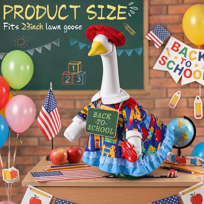 1 Set Back to School Porch Goose Outfit for 23 Inch Lawn Goose Statue | School-Themed Goose Clothes with Dress,Hat,Neck Sign,Apple Felt Sticker & Glue Dots for Patio,Yard,Classroom or Garden Decor