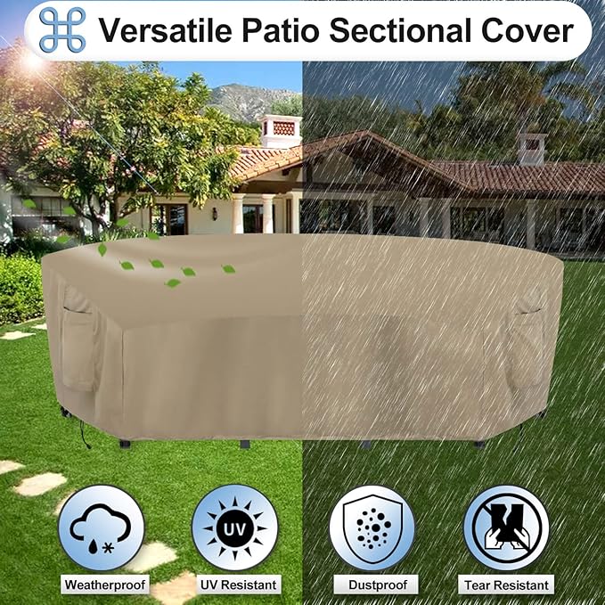 OutdoorLines Waterproof Curved Outdoor Sectional Cover - UV Resistant Windproof Patio Sectional Sofa Covers for Deck, Lawn and Backyard, Heavy Duty Furniture Covers (190Lx36Dx39Hx128FL, Camel)