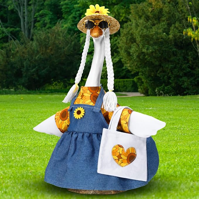 Soulchen 1 Set Summer Porch Goose Outfit 23 Inch Cement Sunflower Goose Dress Clothes and Hat Costume Set for Summer Party Yard Lawn Outdoor Garden Patio Decor