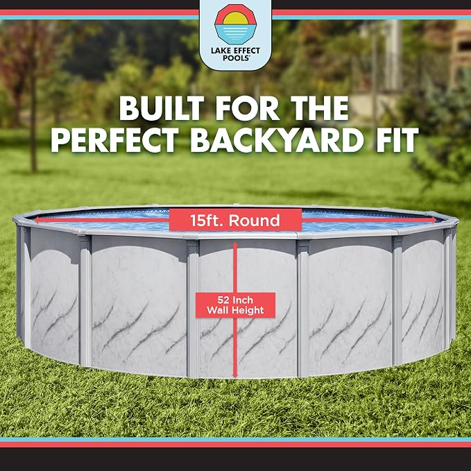 Lake Effect Pools 'Galleria' 15 ft Round Above Ground Swimming Pool Bundle | 52 Inch Height | Steel Sided Walls | Kit Includes: 25 Gauge Liner, A-Frame Ladder, Sand Filter/Pump, & Skimmer