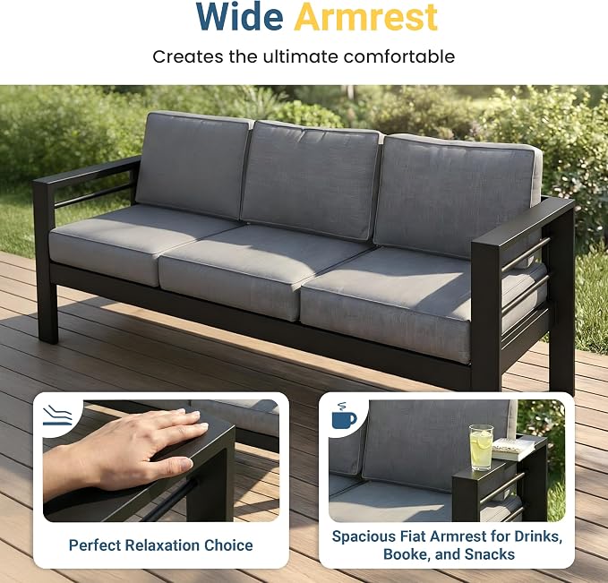 Wisteria Lane 5 Pieces Aluminum Patio Furniture Set with Umbrella, All Weather Oversized Outdoor Furniture Set with Deep Seat and Back Cushion, Patio Conversation Sets Wide armrest, Light Gray & Kahki