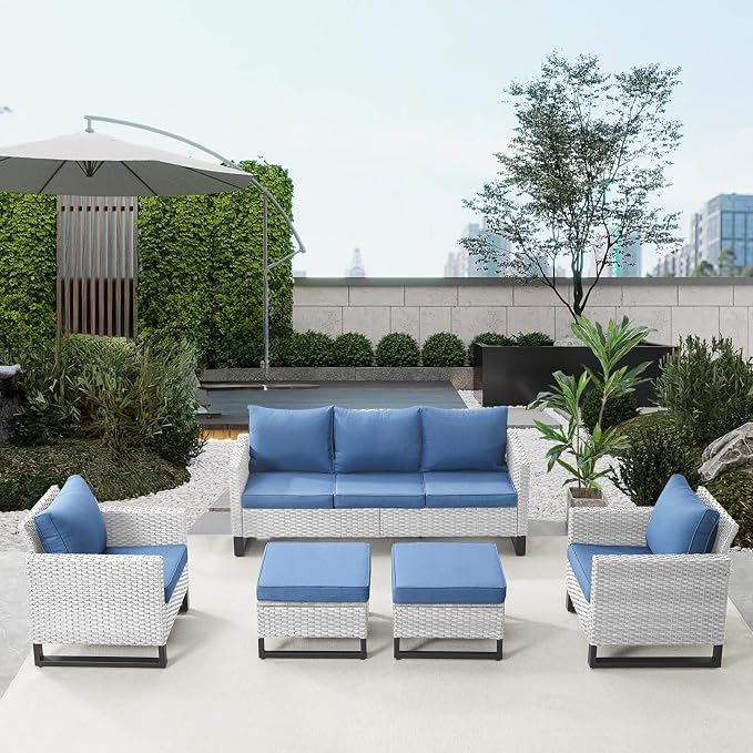 Belord Wicker Patio Furniture 5 Piece Outdoor Sofa Set, Oversize Outdoor Dining Chairs with Rattan Ottomans, Conversation Sets Patio Furniture Come with Removable Washable Cushion Blue, Light Grey