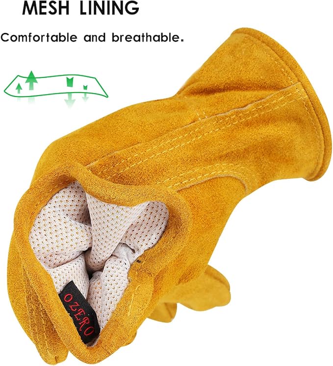 OZERO Leather Work Gloves, Gardening Gloves, Cowhide, Mesh Lining, 1Pair, L | Flexible Grip, Keystone Thumb, Elastic Wrist, Breathable Unlined Comfort for Yard Work, Firewood, Landscaping and Farm Tasks