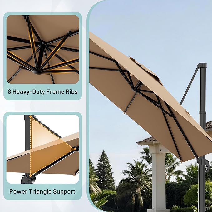 AreShark 9 × 9FT Square Cantilever Patio Umbrella with Base Included, 360° Rotation Offset Outdoor Umbrella, 5 Tilt Settings Heavy Duty Hanging Parasol for Deck Garden Pool, Beige