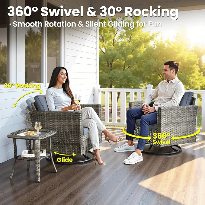 ovios 6 Pieces Patio Furniture Set with Square Fire Pit Table, Swivel Rocking Chairs, Loveseat, Outdoor High Back Wicker Rattan Conversation Set for Deck Porch, Denim Blue