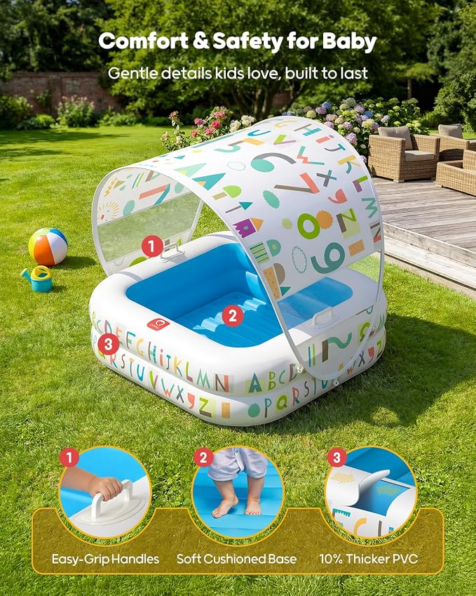 QPAU Baby Pool with Detachable Canopy for Sun Protection, 35" x 10" Portable Inflatable Kids Pool with Padded Bottom, Kiddie Pool & Ball Pit with Handles for Backyard and Indoor, Ages 1-3 (Blue)