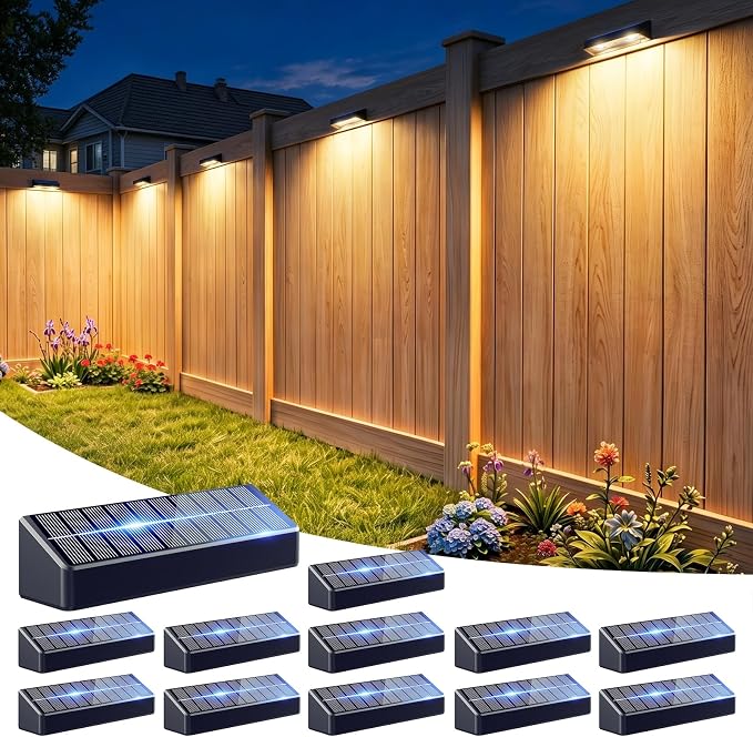 JOFIOS Fence Lights Solar Powered 12 Pack, 3000/4000/6000K 3 Modes, IP65 Waterproof Solar Fence Lights Outdoor, Dusk to Dawn Deck Lights for Outside, Wall, Backyard, Step, Patio, Stair Railings