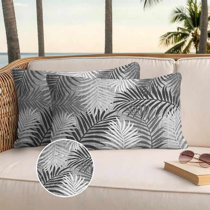Gray Palm Leaves Waterproof Outdoor Pillow Covers Set of 2 Home Decor, Summer Tropical Leaf Plant Lumbar Pillowcase Patio Pillow Covers for Couch Bench Patio Furniture Garden 20x12in