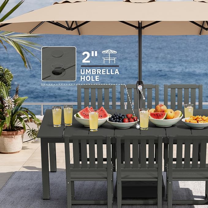 AreShark 7-Piece Outdoor Dining Set,HDPE Patio Table with 6 Armless Chairs,All-Weather Patio Furniture Set with Umbrella Hole,Low Maintenance Wood Grain Dining Set for Backyard,Garden,Poolside,Black