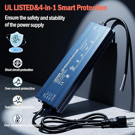 12V 200W UL Listed LED Power Supplywith 3.28ft US Standard Plug Ca | Waterproof IP67 Low Voltage Transformer, 100V-130V AC to 12V DC Converter for DC12V LED Lighting Products
