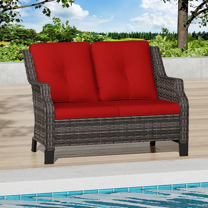 Outdoor Patio Loveseat, All-Weather 2-Seater Wicker Loveseat with Cushions, Outdoor Patio Love Seat Sofa for Garden, Balcony and Deck