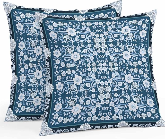 Blue White White Flowers Waterproof Outdoor Pillow Covers Set of 2 Home Decor, Rustic Vintage Botanical Leaves Pillowcase Patio Pillow Covers for Couch Bench Furniture Garden 20x20in