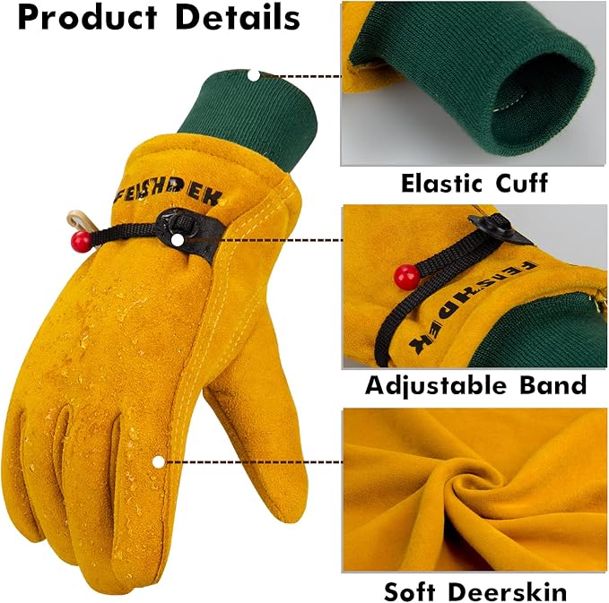 Kids Waterproof Winter Work Gloves, Insulated Warm Windproof (Age 5-7, M) | Soft Deerskin Suede Leather, Elastic Cuff, Adjustable Band, 4 Size Choosable Kids Cold Weather Gloves for Children Toddler