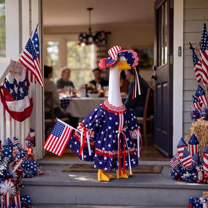 Outus 4th of July Porch Goose Outfit Includes Independence Day Dresses Clothes Hat and American Flag 23 Inch Patriotic Goose Porch Clothing for 4th of July 250th Anniversary Garden Yard Decoration