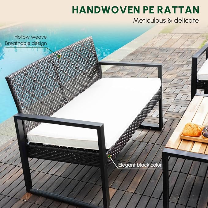 BEEFURNI Wicker Patio Furniture Outdoor Conversation Set of 4, Rattan Outdoor Furniture Set, Acacia Wood Table, 2 Chairs, 1 Loveseat, 2” Cushions, All Weather Set for Patio, Porch, Balcony (Black)