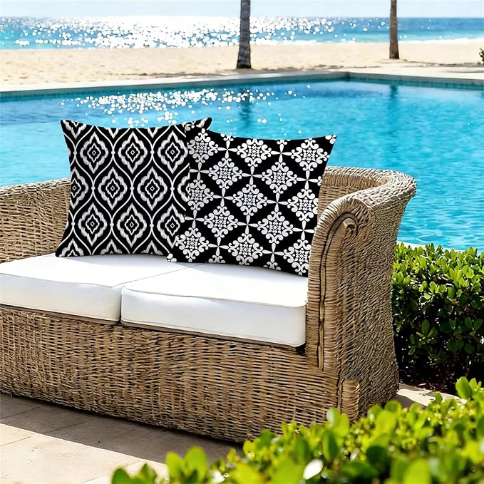 Outdoor Waterproof Throw Pillow Covers 18x18 Set of 4 Black and White Aesthetic Boho Decorative Cushion Cases for Patio Furniture Garden Porch Bench Couch Sunbrella