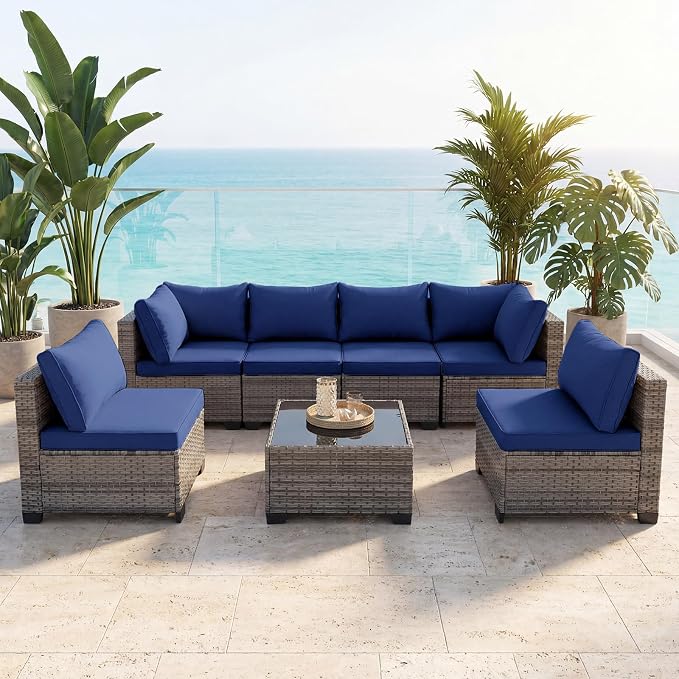 7 Pieces Outdoor Wicker Patio Furniture Set, Patio Conversation Sectional Set with Cushions & Coffee Table, All Weather PE Rattan Patio Sofa with Tea Table for Backyard Porch Garden (Navy-blue)