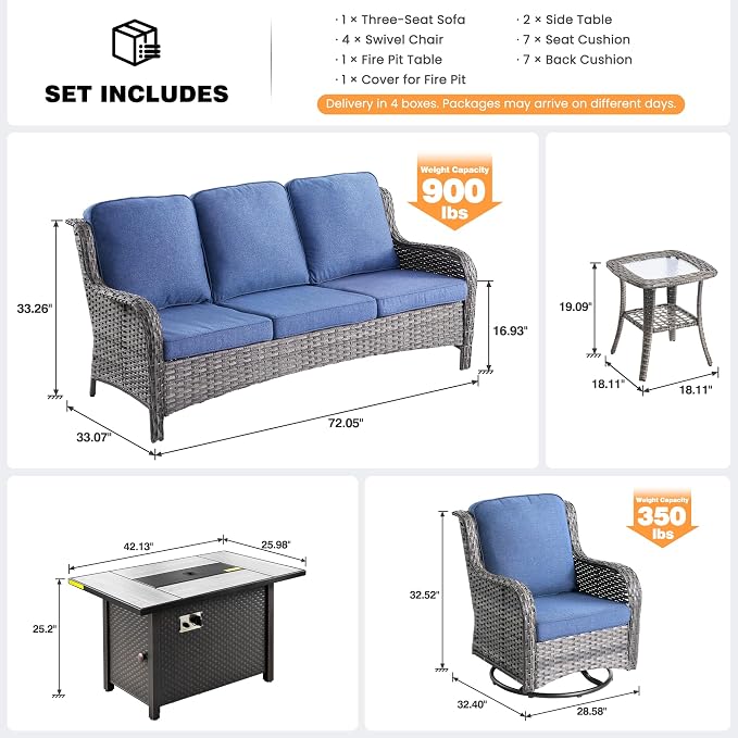 ovios 8-Piece Patio Furniture Set with Swivel Chairs Side Table, Outdoor Wicker Sofa with 42" Fire Pit Table, High Back Couch Modern Conversation Sets, Grey/Denim Blue