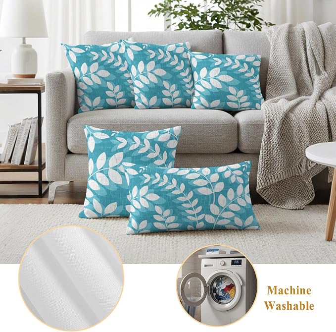 Teal Cyan Leaves Outdoor Waterproof Throw Pillow Covers 16x16 Set of 2, Farmhouse Botanical Branch Vintage Boho Leaf Decorative Pillowcases Cushion Pillowcase for Couch Sofa Patio Pillow Protector