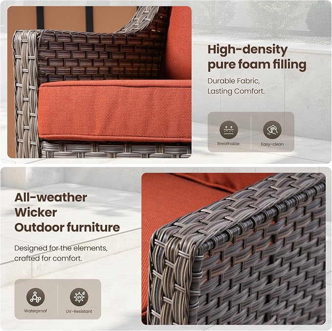 5 PCS Patio Conversation Set, All-Weather Rattan Wicker Outdoor Patio Furniture Sets with High Back Swivel Rocker Chair, Solar Light Coffee Table for Porch,Backyard,Balcony,Orange