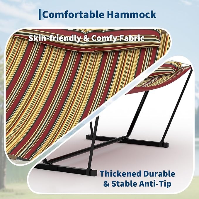 GarveeHome Portable 2 Person Double Hammock with Sturdy Heavy-Duty Steel Stand – 450LBS Max Load, Quick & Effortless Assembly, Perfect for Indoor Living, Yard, Patio & Camping Trips