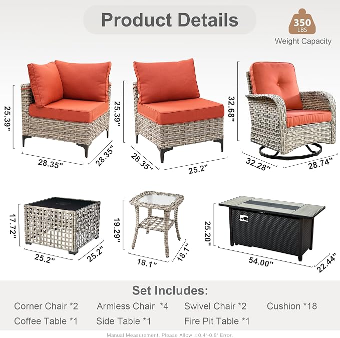 Outdoor Sectional Patio Furniture Set with Fire Pit Table,11 Pieces Rattan Wicker Conversation Sets L Shaped Couch,Out Door Furniture with Swivel Chairs Glowing Coffee Table,Orange Red