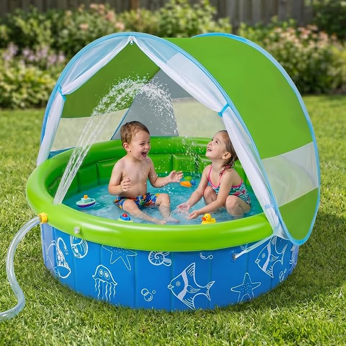 Baby Pool with Canopy, 47" x 12" Airless Foldable Kiddie Pool with UPF 50+ Sunshade, Mosquito Net, Water Sprinkler – Easy Folding & Carry for Toddlers, Infants, Backyard, Beach, Travel