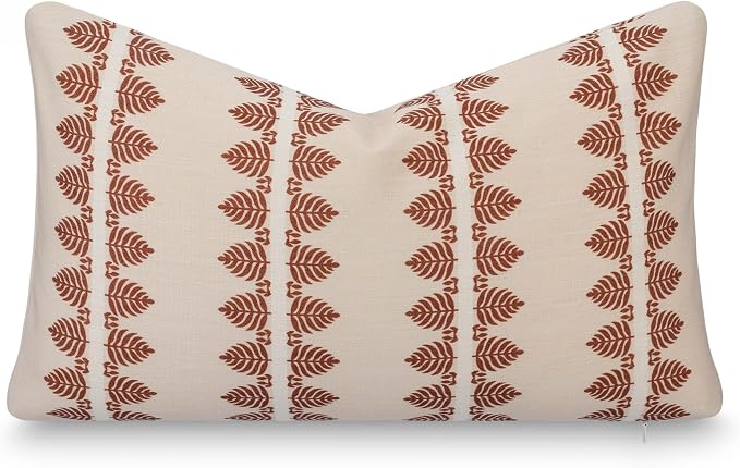 Crumbs Home Modern Farmhouse California Casual Indoor Outdoor Lumbar Pillow Cover, 12"x20" Water Repellent for Patio, Backyard, Couch, Poolside, Earth Tone Rust Orange Neutral Print Leaves Stripes