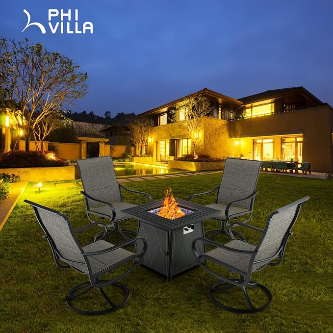 PHI VILLA 5 Piece Patio Dining Set with Firepit Table, 4 Padded Textilene Swivel Outdoor Dining Chairs with Metal Frame & 28 Inch 50000 BTU Auto-Ignition Propane Gas Fire Pit Table