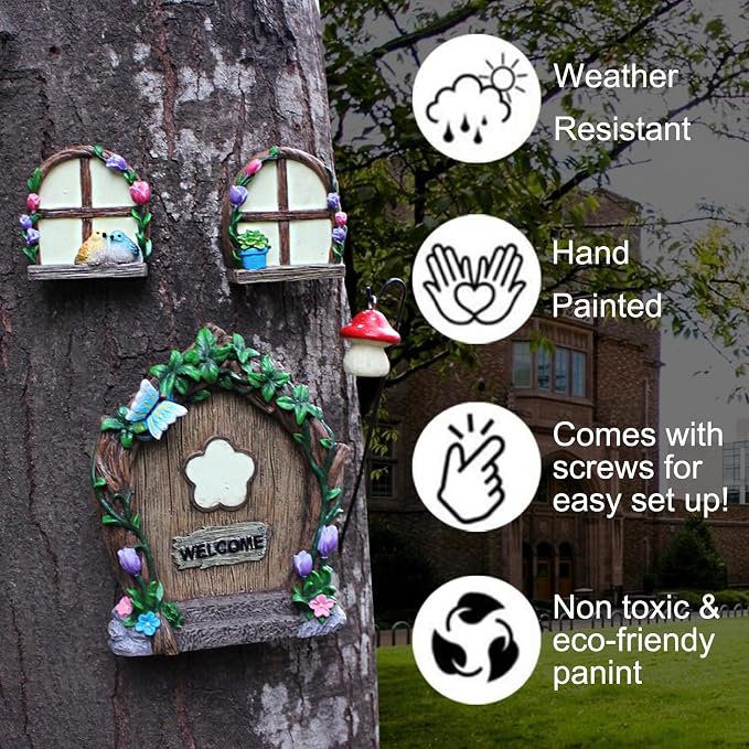 Fairy Door and Windows Garden Kit Accessories Outdoor, Glow in Dark Gnome House for Tree, Lawn Yard Art Sculpture, Miniature Garden Decor (Butterfly)