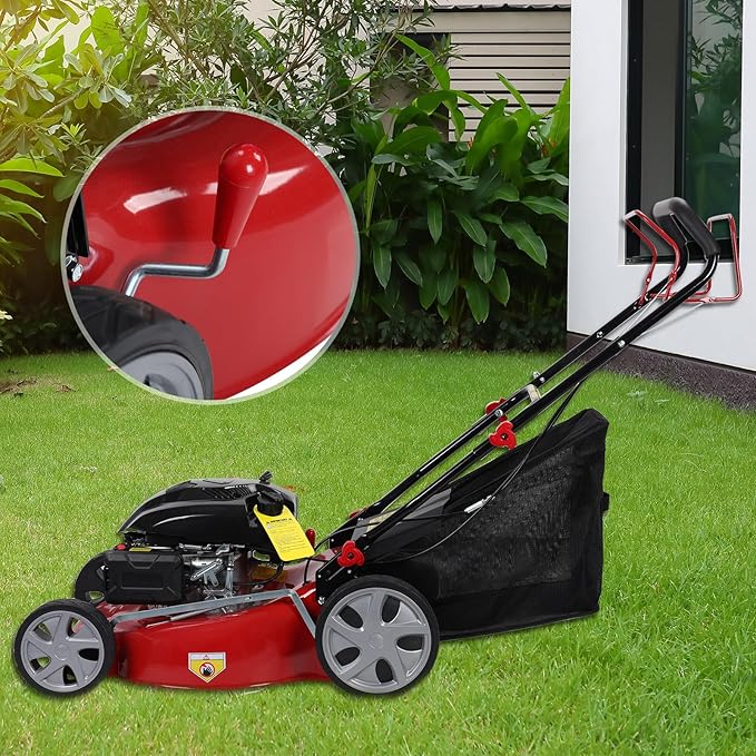 Self Propelled Gas Lawn Mower,20 Inch Lawn Machine Adjustable Length 141cc Gas Engine Mower Ergonomic Handle 2850rpm Walk Behind Mower with 50L Grass Tank High Rear Wheel for Lawn Care Red