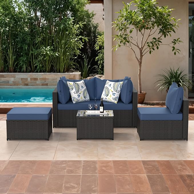 GOJOOASIS Patio Furniture Set Outdoor Sectional Sofa with Ottoman Wicker Couch Rattan Modular Seating Conversation Sets Porch Decor for Backyard, Balcony, Garden (Blue B)