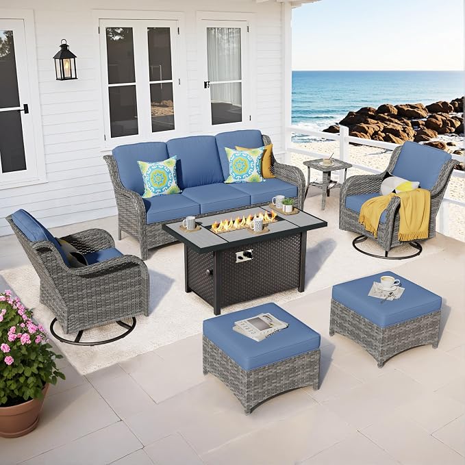ovios 7 Pieces Patio Furniture Set with 42 inch Fire Pit Table, Outdoor Wicker Sofa Couch Swivel Rocking Glider Chairs, Modern Luxury Conversation Set, Grey Rattan, Denim Blue