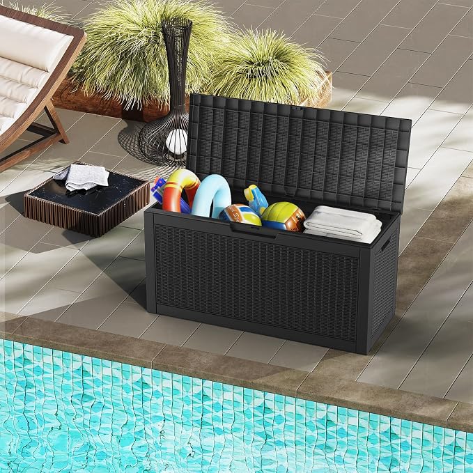 Mars Villa 60 Gallon Deck Box, Waterproof Weatherproof and UV Resistant Resin Storage Bin with Lockable Lid, Ideal for, Outdoor, Patio Furniture Cushions, Pool Supplies, Garden Tools, Black