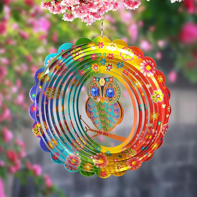 FONMY Wind Spinner Mandala Owl 12 inch 3D Stainless Steel Laser Cut Metal Art Geometric Pattern Hanging Wind Spinner, Kinetic Yard Art Decorations - Indoor/Outdoor Décor