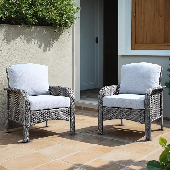 2 Pieces Wicker Patio Chairs - Outdoor Rattan Chairs Set of 2,All-Weather PE Wicker Dining Chair Set with High Back and Deep Seating for Deck Porch,Light Grey