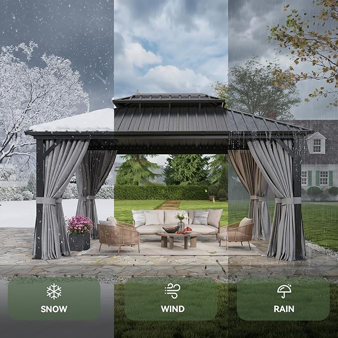 Aoxun 12Ft X 16Ft Hardtop Gazebo, Aluminum Metal Outdoor Gazebo with Breathable Netting and Curtains, Galvanized Steel Double Top, Permanent Patio Pavilion for Backyard, Wedding, Party