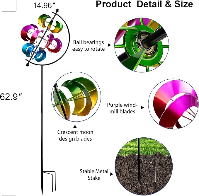 Large Kinetic Wind Spinner Outdoor Metal - 3D Wind Sculptures & Catchers with Stable Stake, Multi-Color Yard Art Decoration for Garden, Patio, Lawn, and Backyard